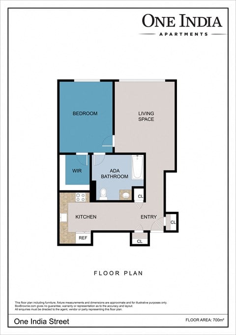 Floor plan for 1 bed, 1 bath, 700 sqft